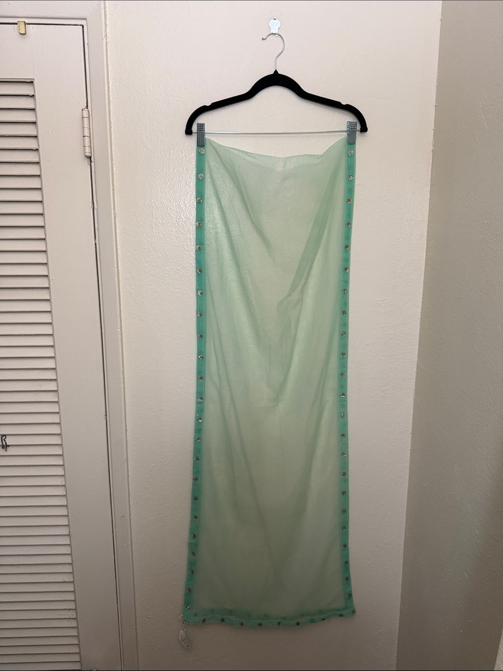 Elegant Sheer Mint Green Boho Chic Long Scarf with Goldish Silver Stud Trim